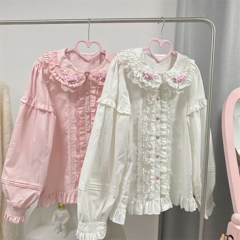 Japanese Girl Cute Doll Collar Elegant Lace Pink & White Long Sleeve T Shirt Blouse Top