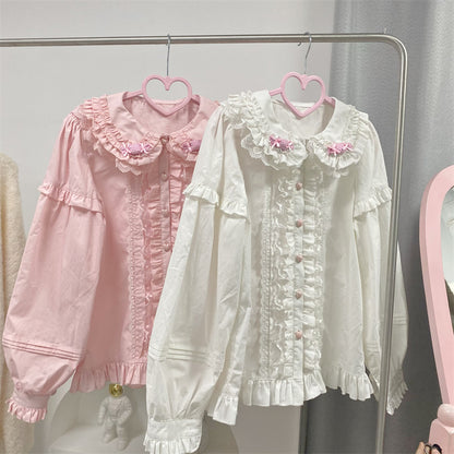 Japanese Girl Cute Doll Collar Elegant Lace Pink & White Long Sleeve T Shirt Blouse Top