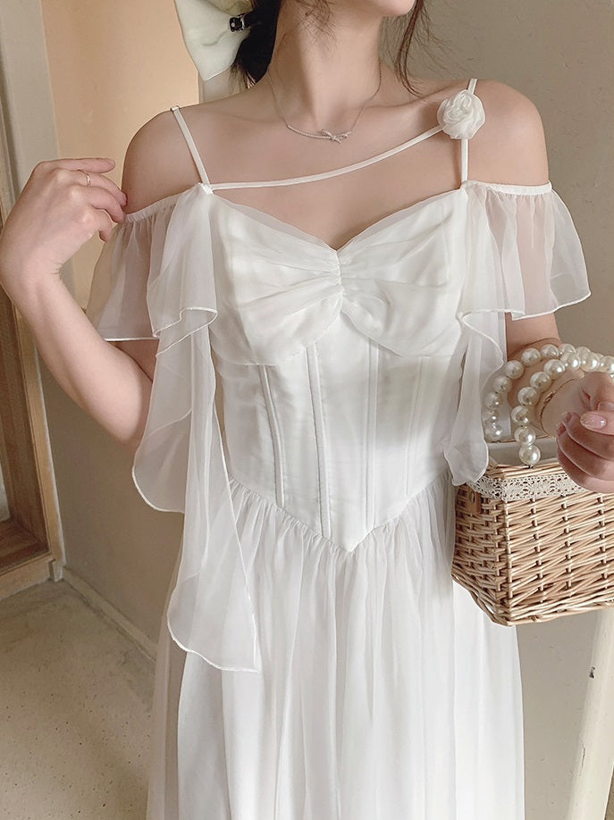Elegant French European Style Sweet Princess White & Pink Pastel Off Shoulder Dress