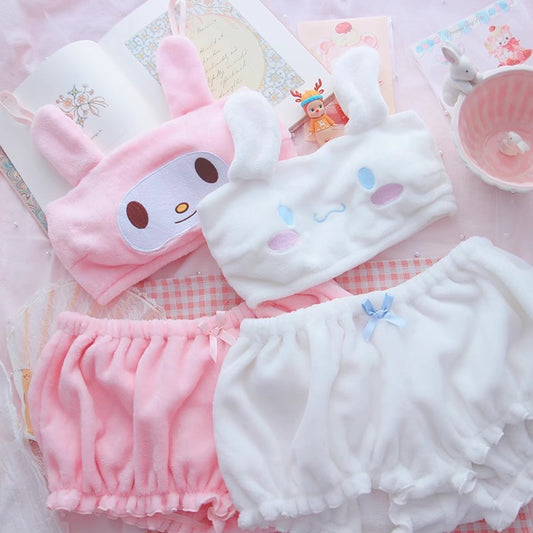 Cinnamoroll My Melody Kuromi Cute Soft Plush Underwear Pajama Top & Panties Buttoms Two Piece Set