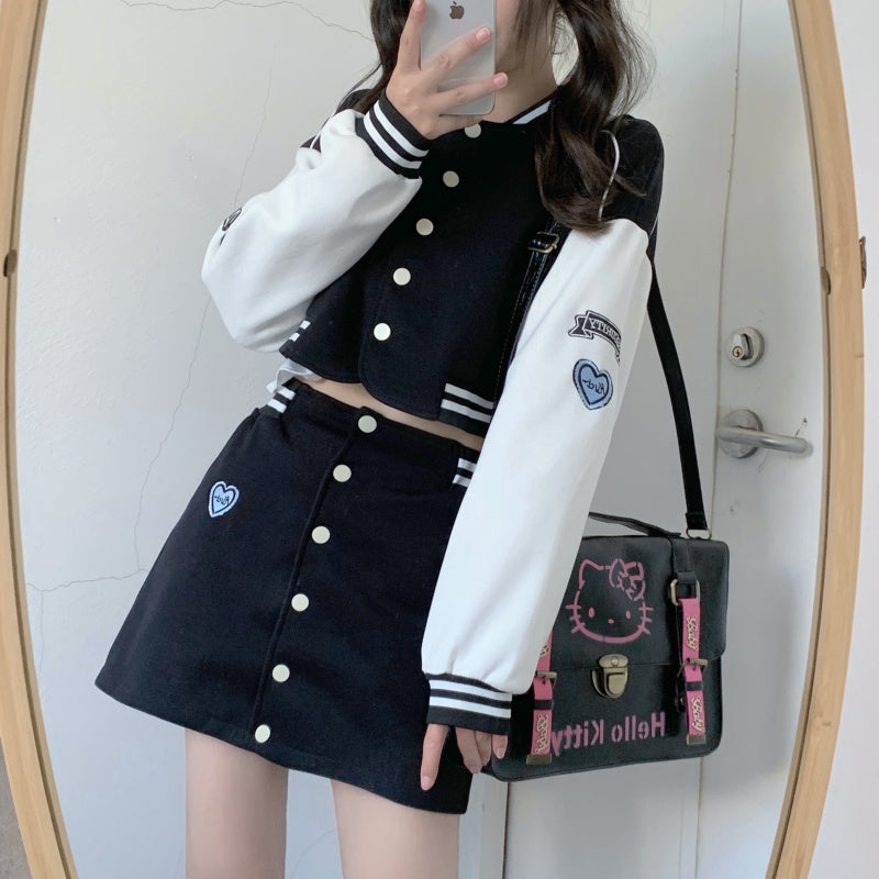 Student Baseball Letter Embroidery Vintage Retro Y2K Jacket Black Denim Short Mini Skirt Two Piece Set