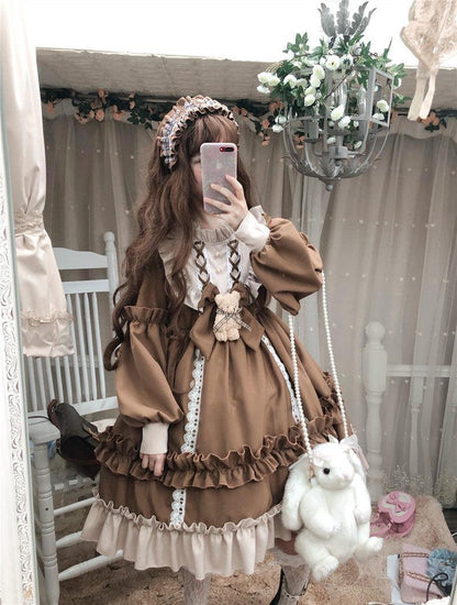 Plus Size Women Japanese Doll Cute Fairytale Princess Chocolate Brown & Sky Blue Long Sleeve Dress