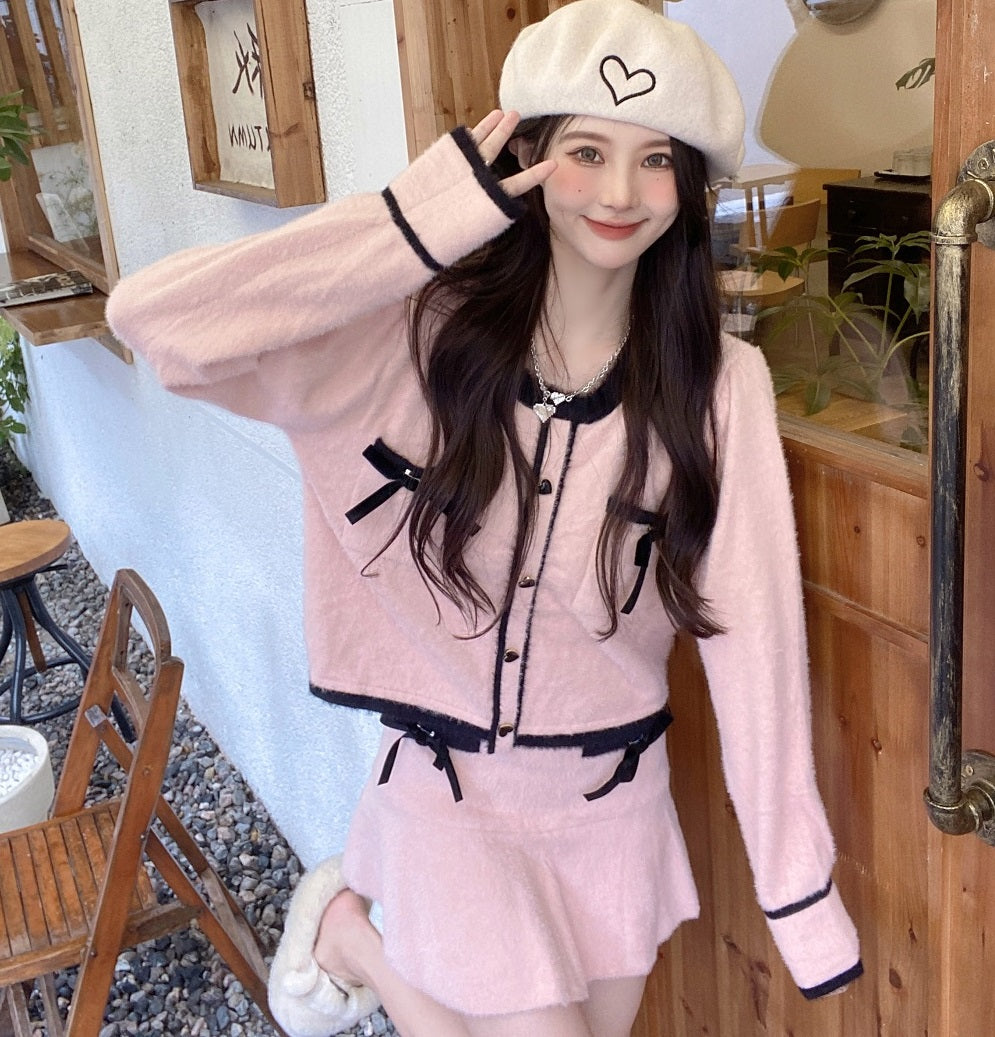 Soft Sweet Baby Pink Bow Ribbon Black Heart Button French European Autumn Fall Vintage Cute Girl Women Fashion Shirt Blouse Skirt Two Piece Set