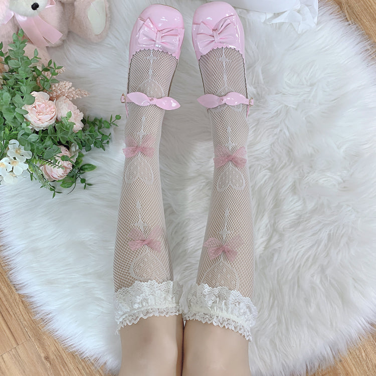 Japanese Sweet Heart Cross Pink Ribbon Fishnet White Knee Socks