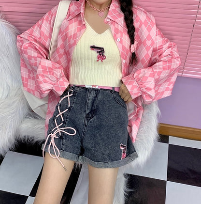 Korean Cute Summer Spring High Waist Embroidery Cross Pink Strap Bow Loose Wide Pant Denim Jeans Shorts