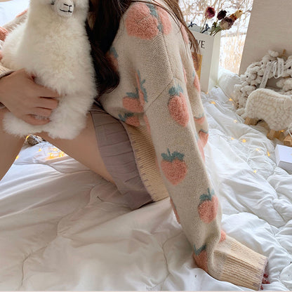 Spring Autumn Sweet Pink Orange Peach Embroidery White Knit Round Neck Loose Pullover Sweater