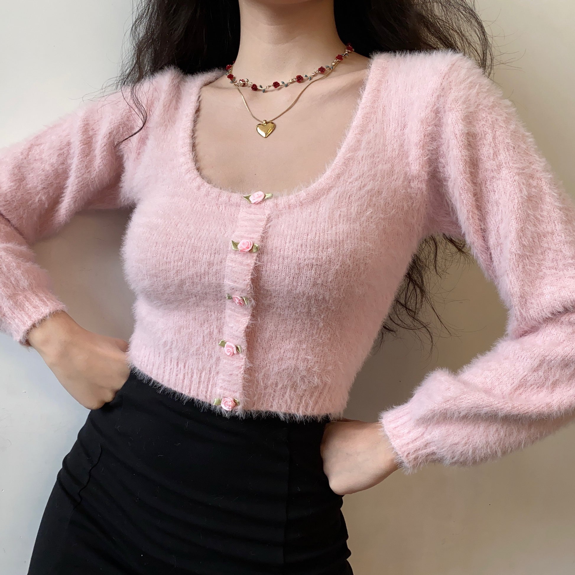 European French Spring Autumn Winter Girl Sexy Women Rose Flower Button High Waist U Neck Plush Pink Sweater Cardigan