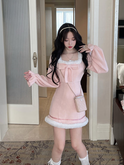 Sweet Sexy Girl Plush Pink Soft Knitted Form Fitting Fur Bow Pink Long Sleeve Dress