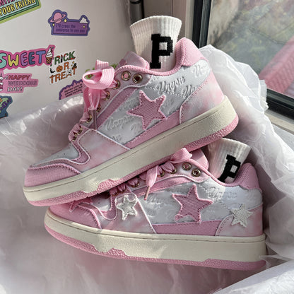 Women Sweet Cute White Pink Peach Star Sneakers Sports Running Shoes