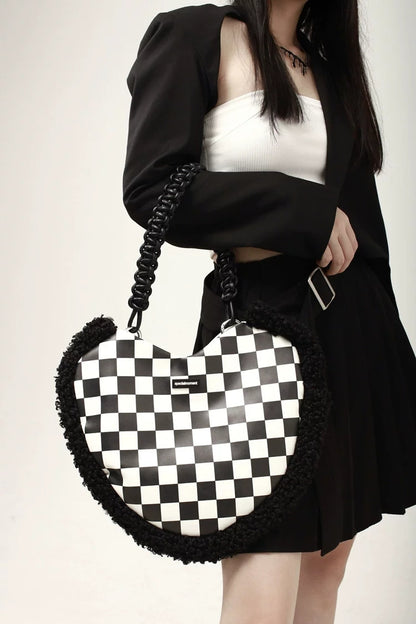Korean Checkerboard Print Black Pink Heart Love Shaped Girl Women Black Messenger Shoulder Bag