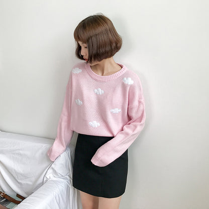Autumn Winter Cloud Embroidery Round Neck Pullover Long Sleeve White Blue Pink Sweater