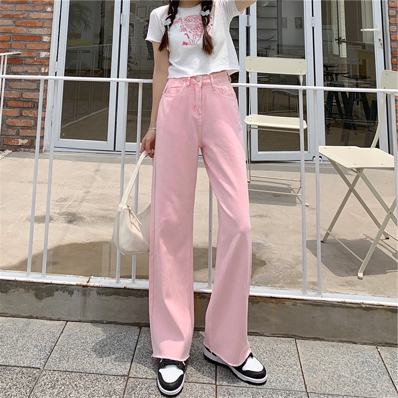 Summer Cute Chic Girl Student High Waist Soft Pastel Peach Print Embroidery Pink Long Trouser Pant