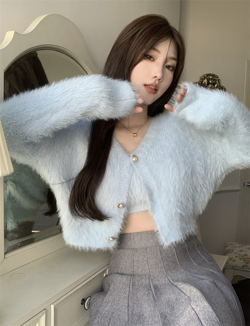 Elegant Pink Blue Black White Faux Mink Fur Velvet Soft Fluffy Camisole Cardigan Sweater Two Piece Set