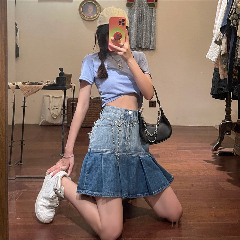 Summer American Retro Love Heart Girl High Waist Denim Pleated Skirt