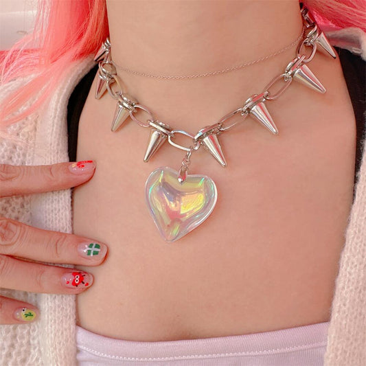 Harajuku Y2K Holographic Love Silver Thorn Necklace