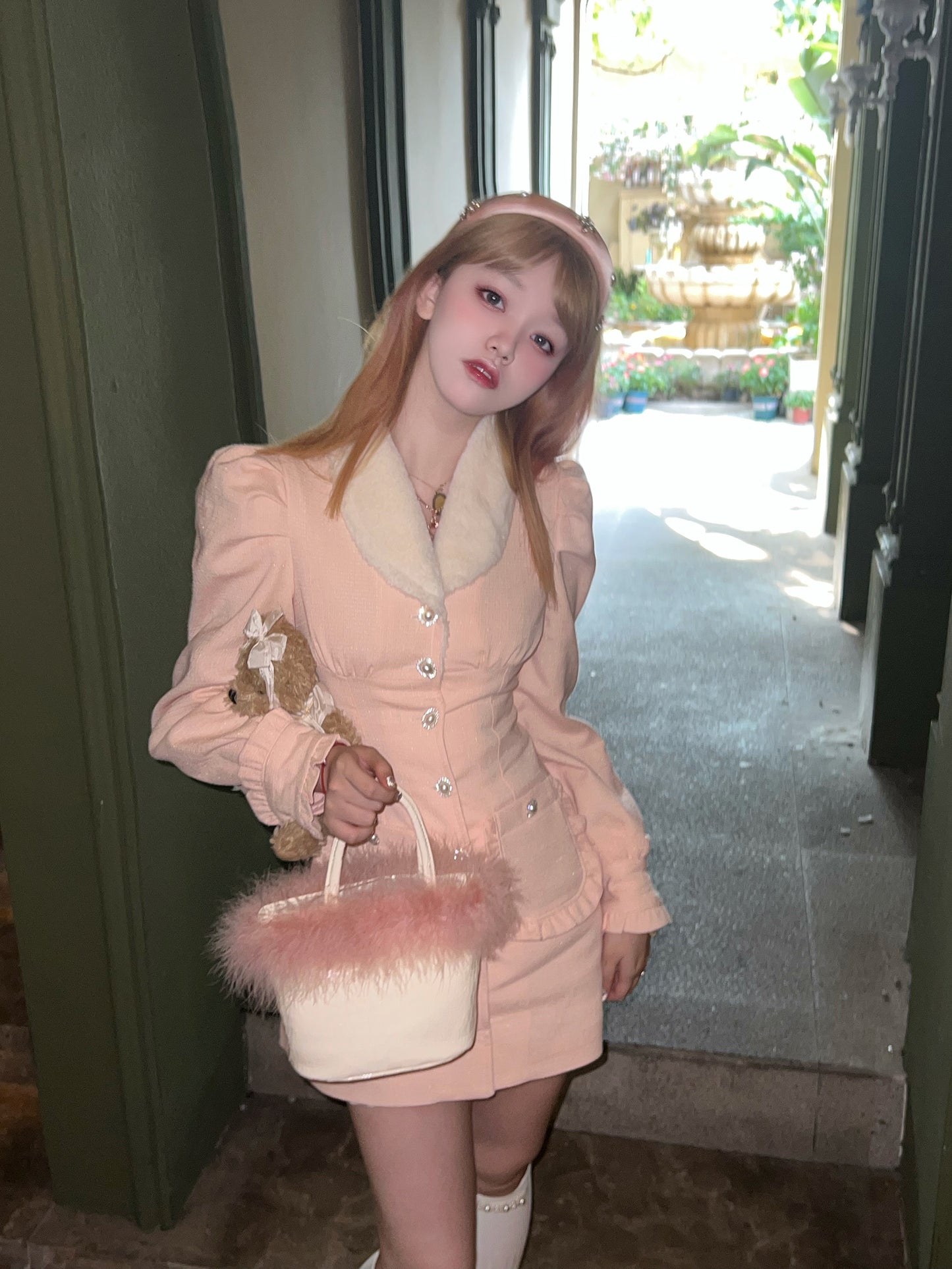 Picnic Girl Cute Fluffy Fur Collar Wrist Puff Sleeve Orose Pink Jacket Dress
