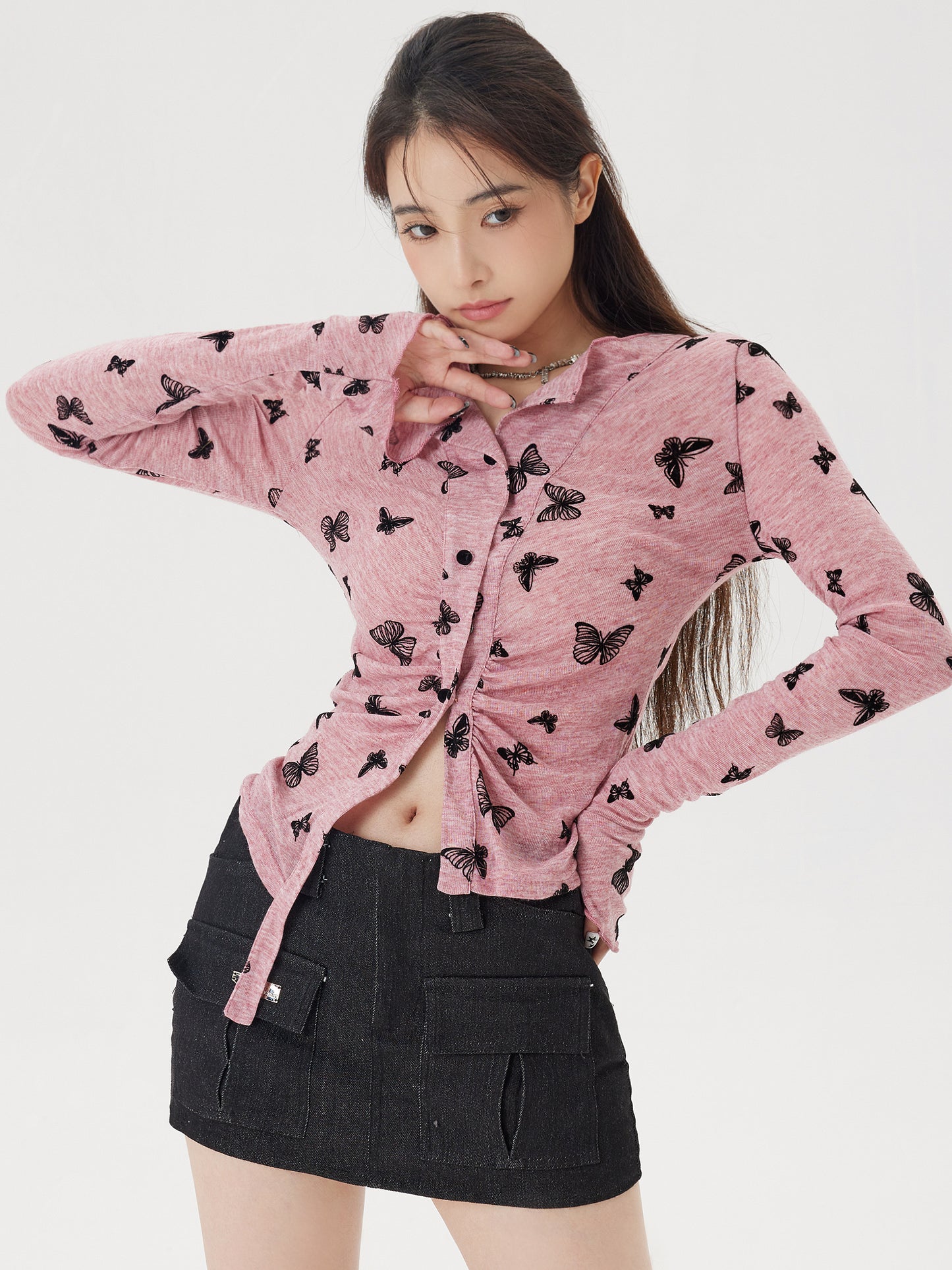 Spring Summer Autumn Fall Fashion Girl Women Y2K Butterfly Pink Black Pattern Top Shirt