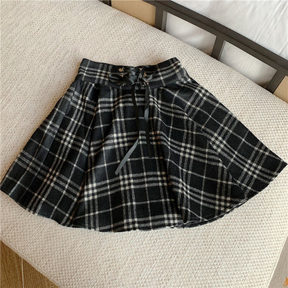 Plus Size Women Japanese Cute Girl Fashion Gray & Red High Waist Strap Black Tartan Pattern Umbrella Skirt