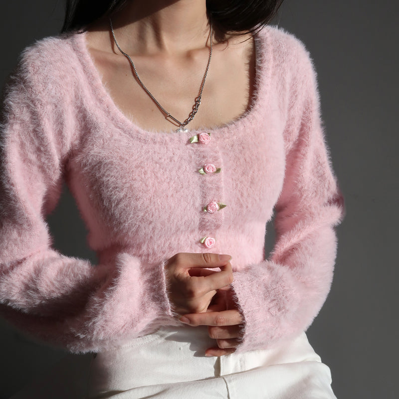 European French Spring Autumn Winter Girl Sexy Women Rose Flower Button High Waist U Neck Plush Pink Sweater Cardigan