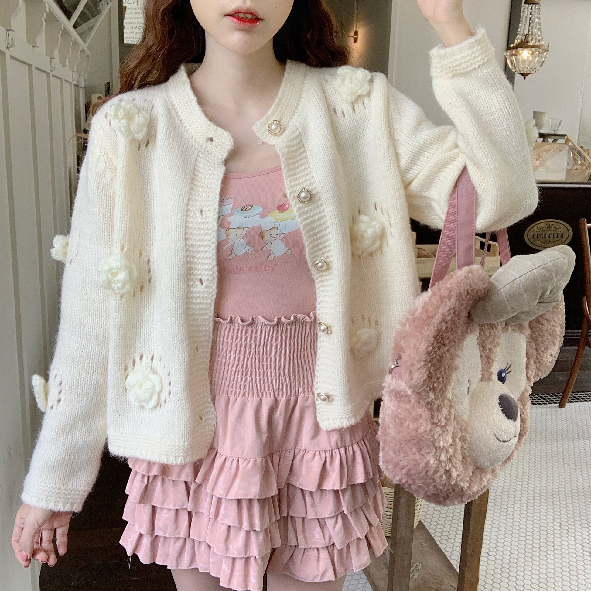 Sweet Girl White Pink Camisole Ballet Cake Skirt Pearl Flower Knitted Cardigan Three Piece Set