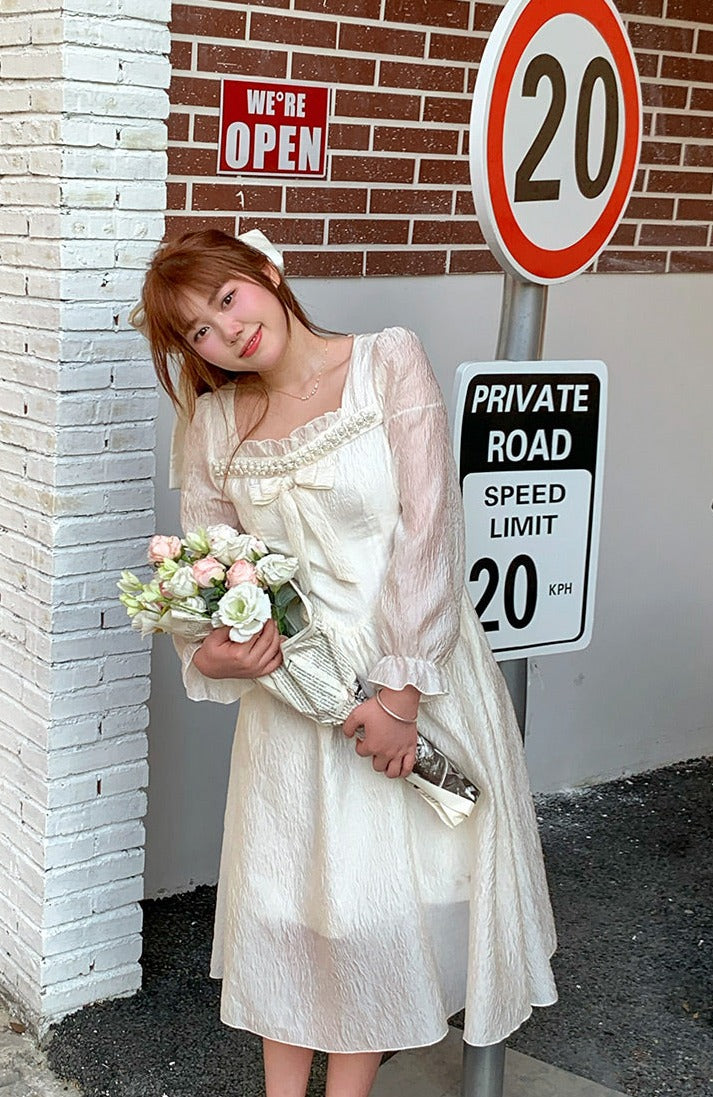 Plus Size Women Fashion Girl European Lace Bow Princess Fairytale White Long Sleeve Dress