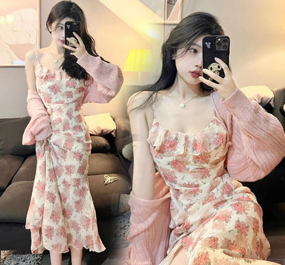 European French Fashion Sexy Sweet Cute Girl Women Elegant Classic Flower Floral Pink Sweater Knit Cardigan Long Layered Strap Dress Set