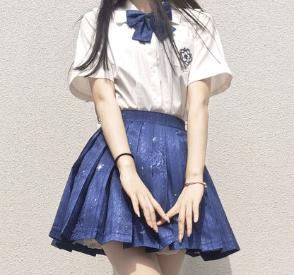 Stardust Midnight Navy Blue Stars Pattern Japanese School Student Uniform Seifuku Cosplay Mini Short Skirt with Pockets