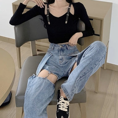 American Style Cute Trendy Sexy Girl Chic Summer Wide Leg Trouser Pants Detachable Shorts Blue Black Denim Jeans