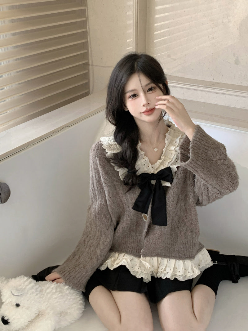 Autumn Winter Women Gray Sweet White Ruffled Bow Lace Knitted Cardigan Sweaters
