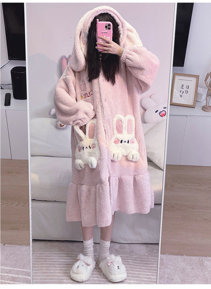 Pink Purple Rabbit Bunny Cute Cartoon Women Girl Thick Plush Coral Fleece Warm Winter Pajamas Sleepwear Hooded Nightgown Coat & Pants Two Piece Set