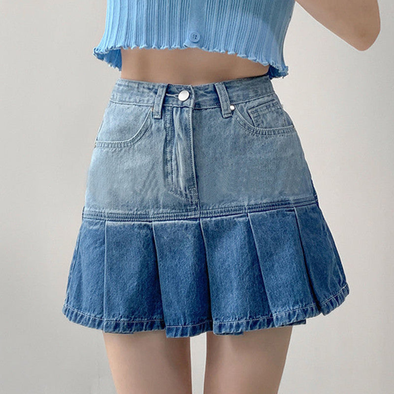 Summer American Retro Love Heart Girl High Waist Denim Pleated Skirt