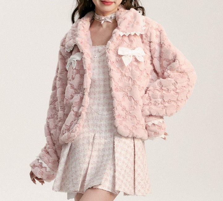 Sweet Pink Ribbon Bow Knot Fluff Fur Plush Coat Jacket