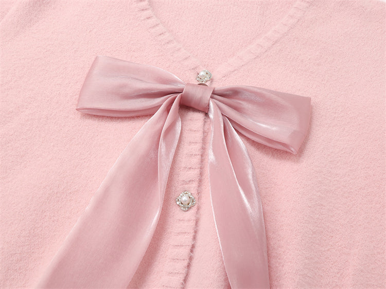 Korean Winter Sweet Soft Bow Ribbon Pink Sweater Cardigan