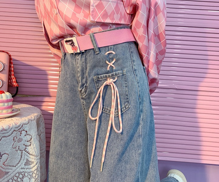 Korean Cute Summer Spring High Waist Cross Pink Strap Bow Loose Wide Trouser Pant Soft Denim Jeans