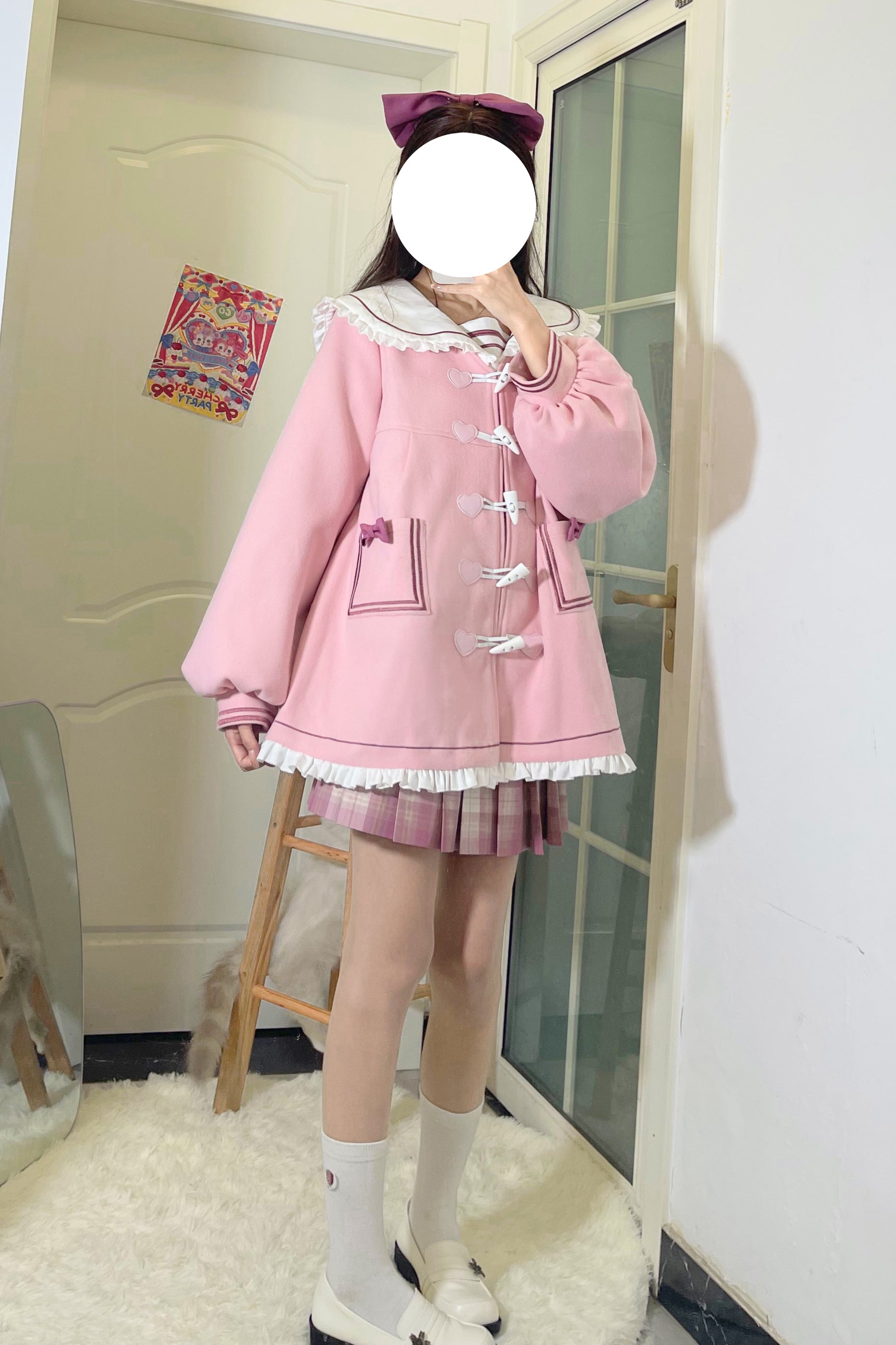 Japanese Cute Girl Women Bow Embroidery Heart Love Shape Sailor Collar Pink Black Coat Jacket