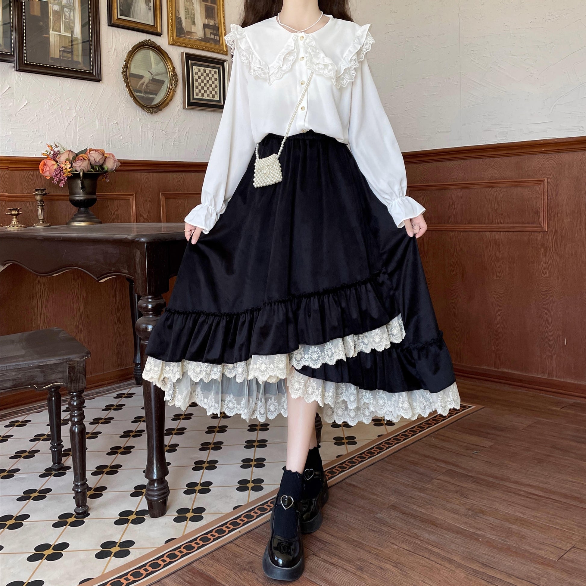 Fall Autumn Mori Girl White & Black Lace Long Elastic Gathered Waist Skirt