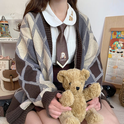 Sweet College Student Girl Rhombus Diamond Pattern Brown Cozy Autumn Winter Knitted V-necked Cardigan Sweater