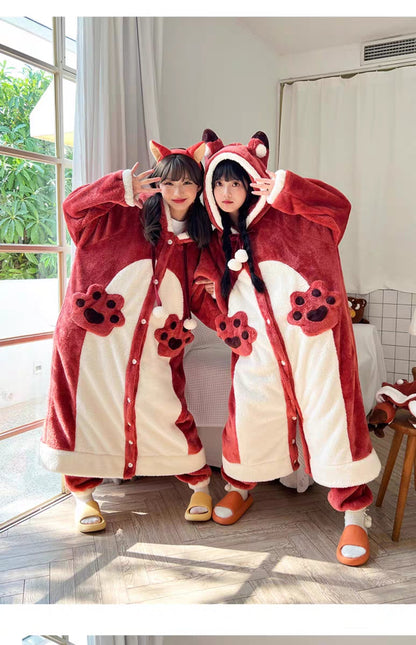 Winter Thick Warm Soft Cute Little Red Fox Ears Hoodies Nightgown Long Coat Pants Pajamas Two Piece Set