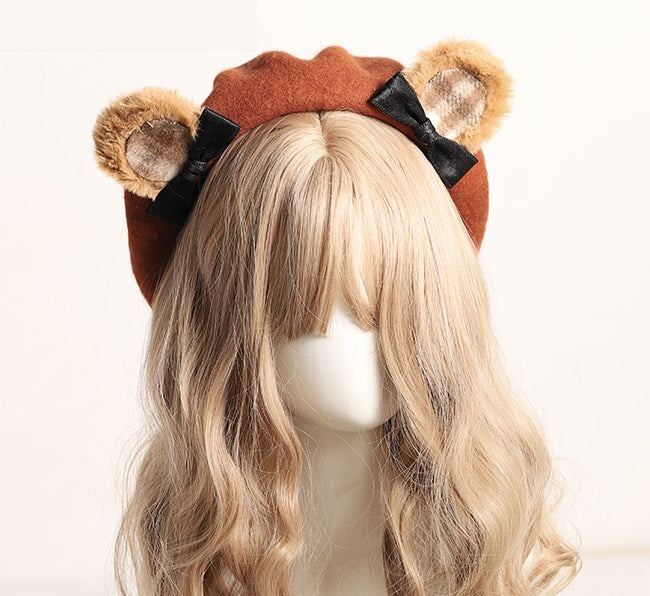 Cute Furry Teddy Bear Ears Bow Beret Hat