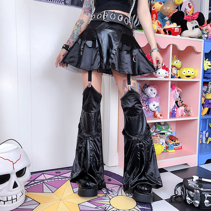 Punk Retro Y2K Hot Girls Women Cool Trendy Black Emo Goth Dark Socks Set Leather Satin Half Skirt