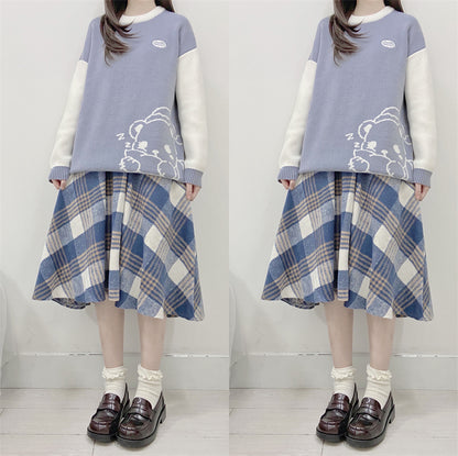 Japanese Wool Autumn Winter Soft Girl Plaid Pink & Blue Stripes Long Elastic Gathered Waist Skirt