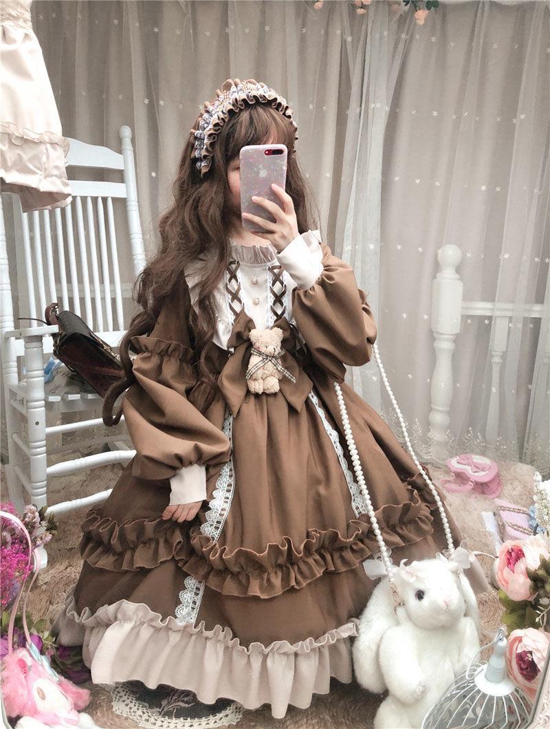Plus Size Women Japanese Doll Cute Fairytale Princess Chocolate Brown & Sky Blue Long Sleeve Dress