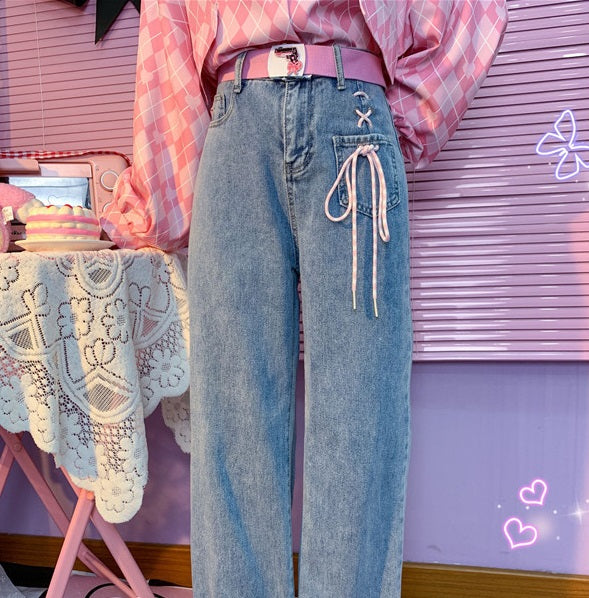 Korean Cute Summer Spring High Waist Cross Pink Strap Bow Loose Wide Trouser Pant Soft Denim Jeans