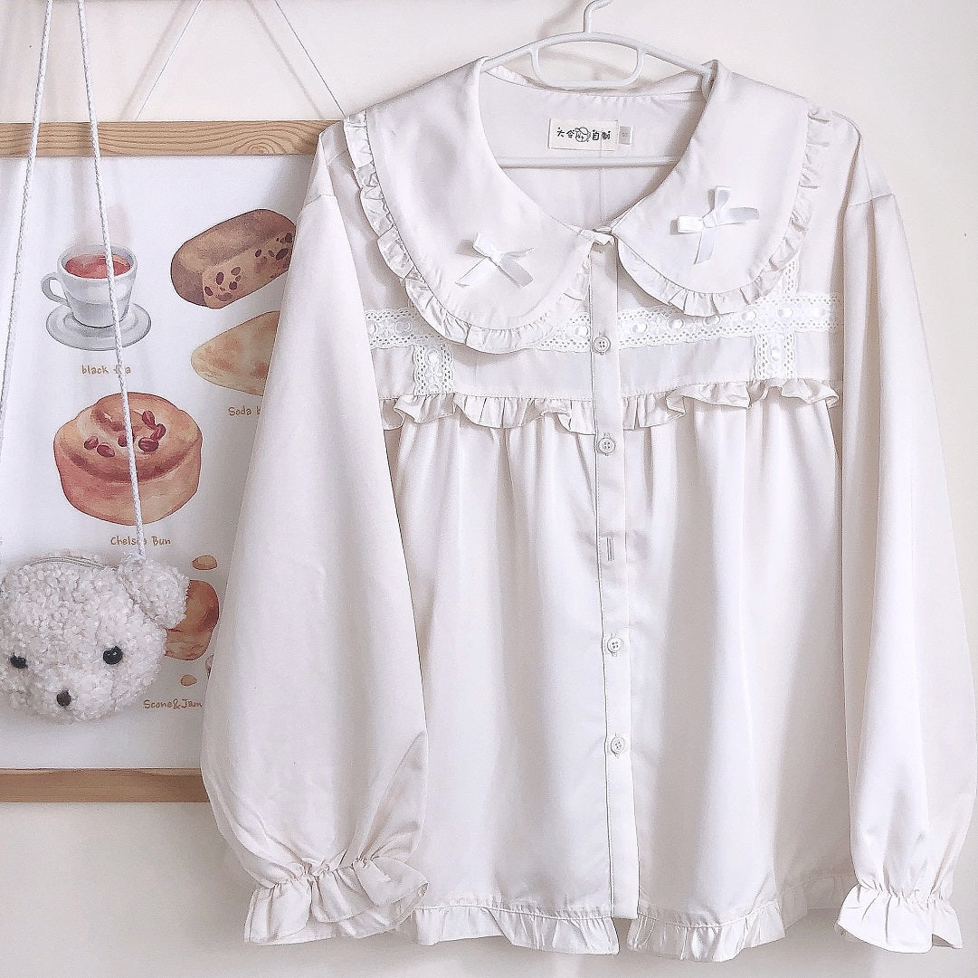 Spring Summer Vintage Day Girl Twins Bow Embroidery Lace Cotton Doll Collar Beige Shirt Blouse