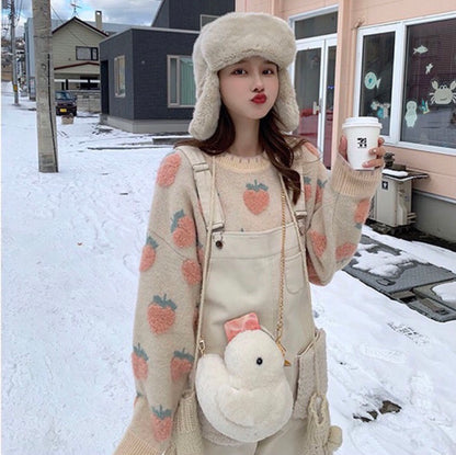 Spring Autumn Sweet Pink Orange Peach Embroidery White Knit Round Neck Loose Pullover Sweater