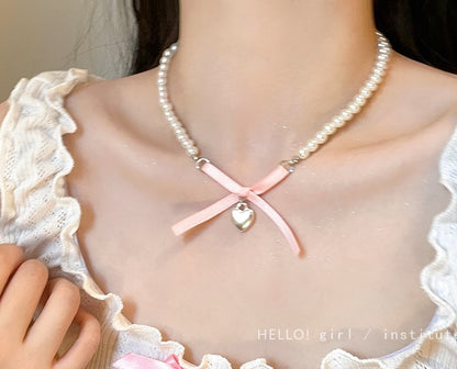 Run Away Princess Coquette Girl Heart Bow Ribbon Necklaces