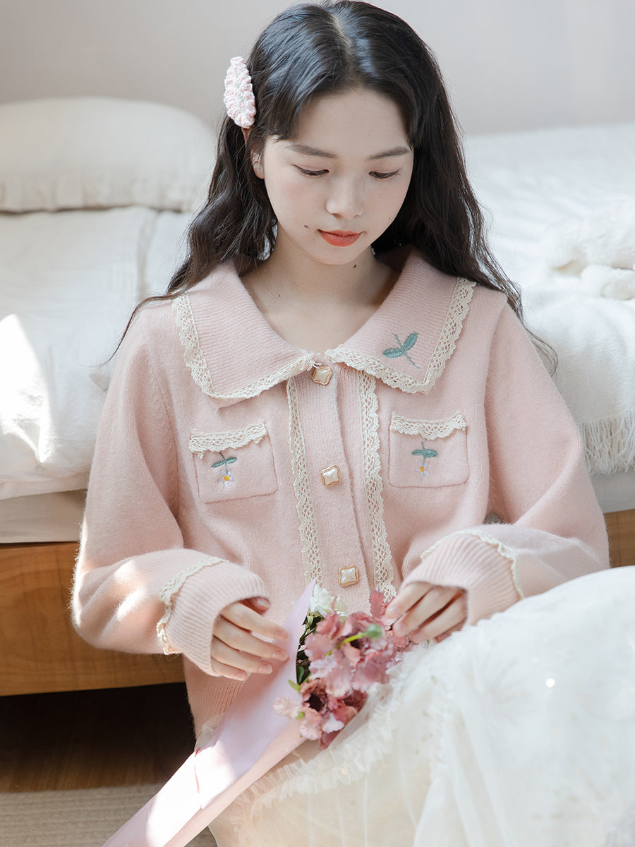 Spring Autumn Girl Women Flower Floral Lace Orose Pink Cardigan