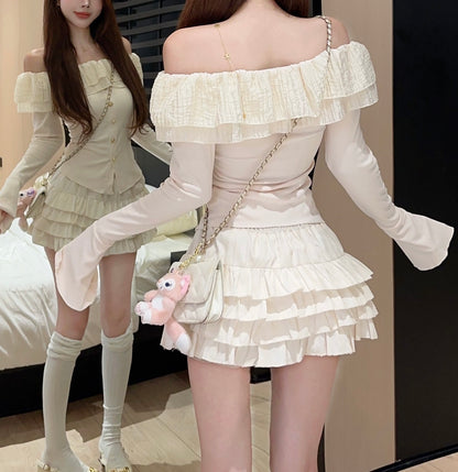 Frill Ruffled Coquette Fit Long Sleeve Cream Top