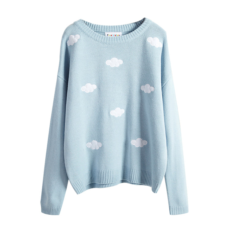 Autumn Winter Cloud Embroidery Round Neck Pullover Long Sleeve White Blue Pink Sweater