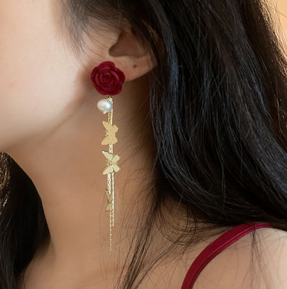 Velvet Red Rose Flower Floral Nature Butterfly Pearl Gold Long Chain Classic Fairy Tales Princess Earrings